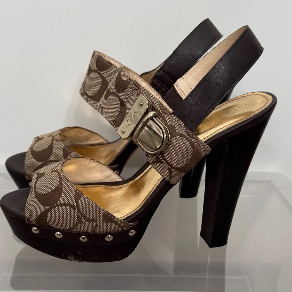 Coach Brown Platform Sandals with Gold Accents - Picture 6 of 11